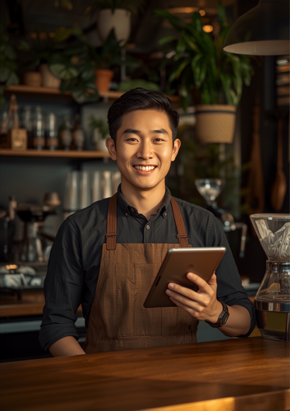 A café owner accepting a stablecoin QR payment with AURA Pay