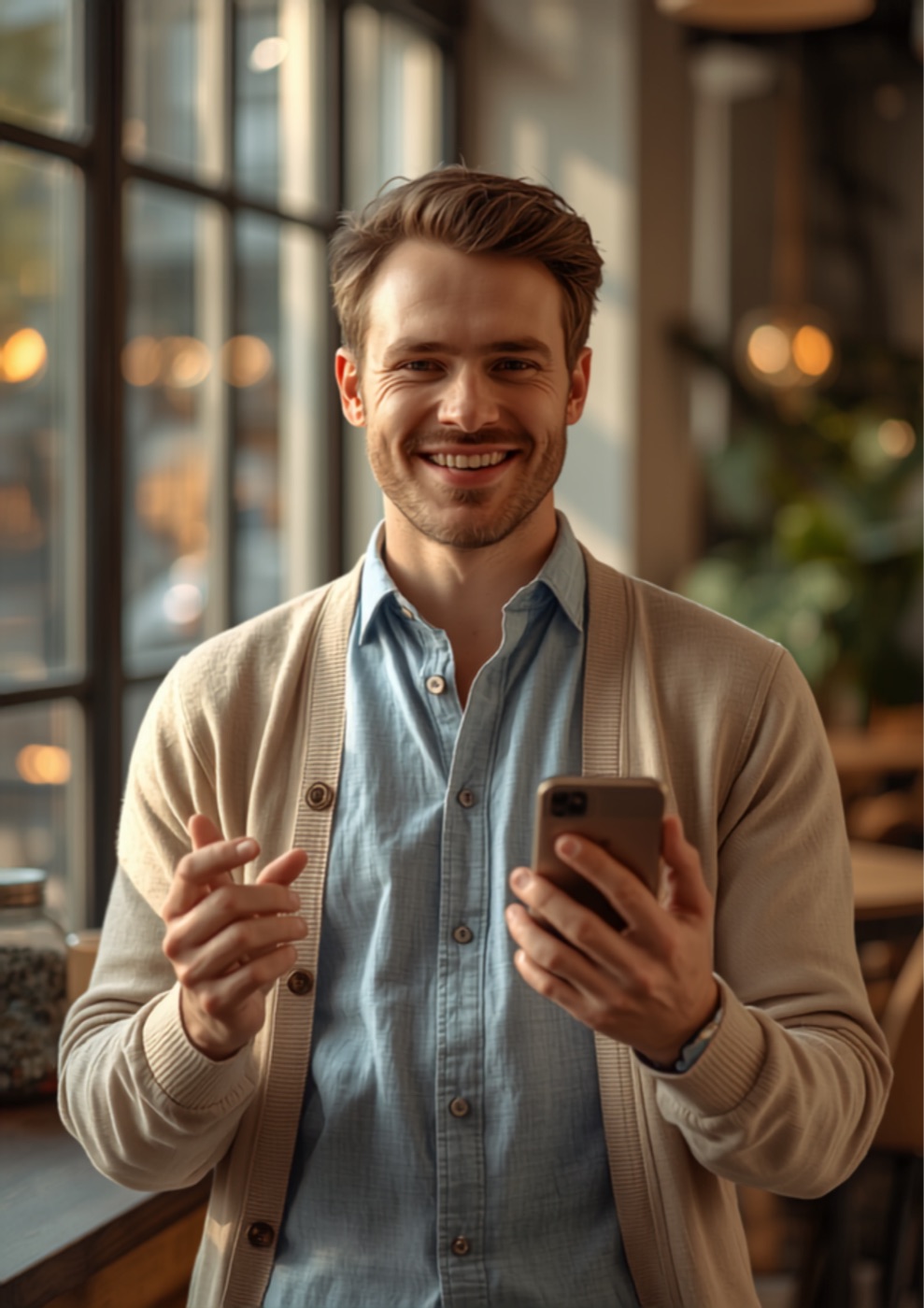 A person paying with the AURA Money app in a cafe