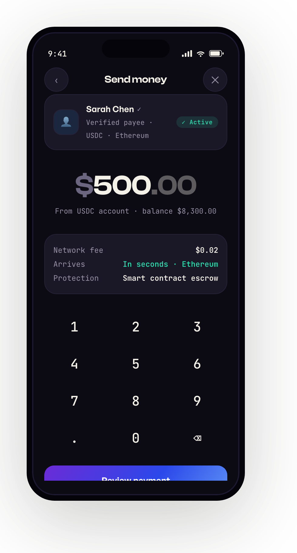Send money screen with named payee