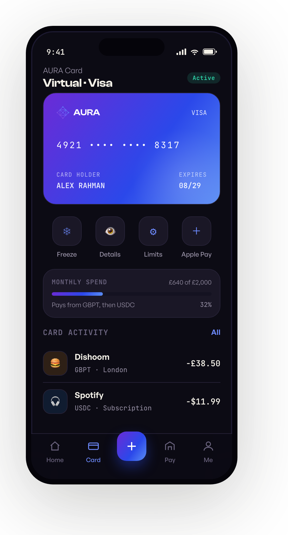 The AURA card inside the AURA Money app
