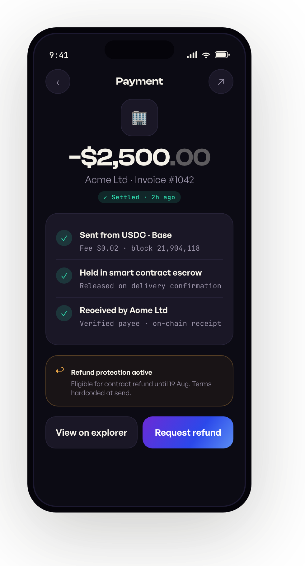 Payment detail with smart contract escrow