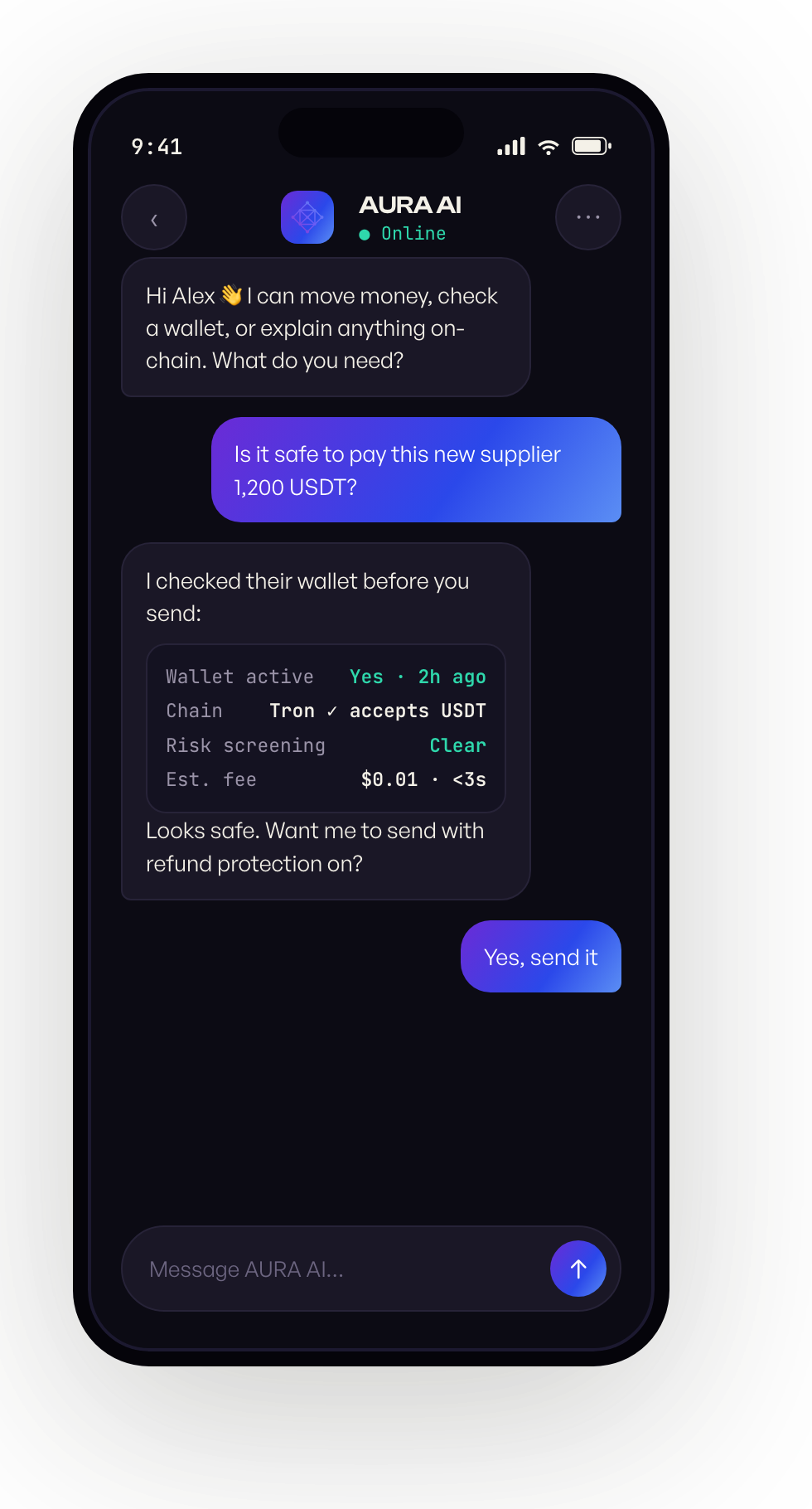 AURA AI concierge chat screen