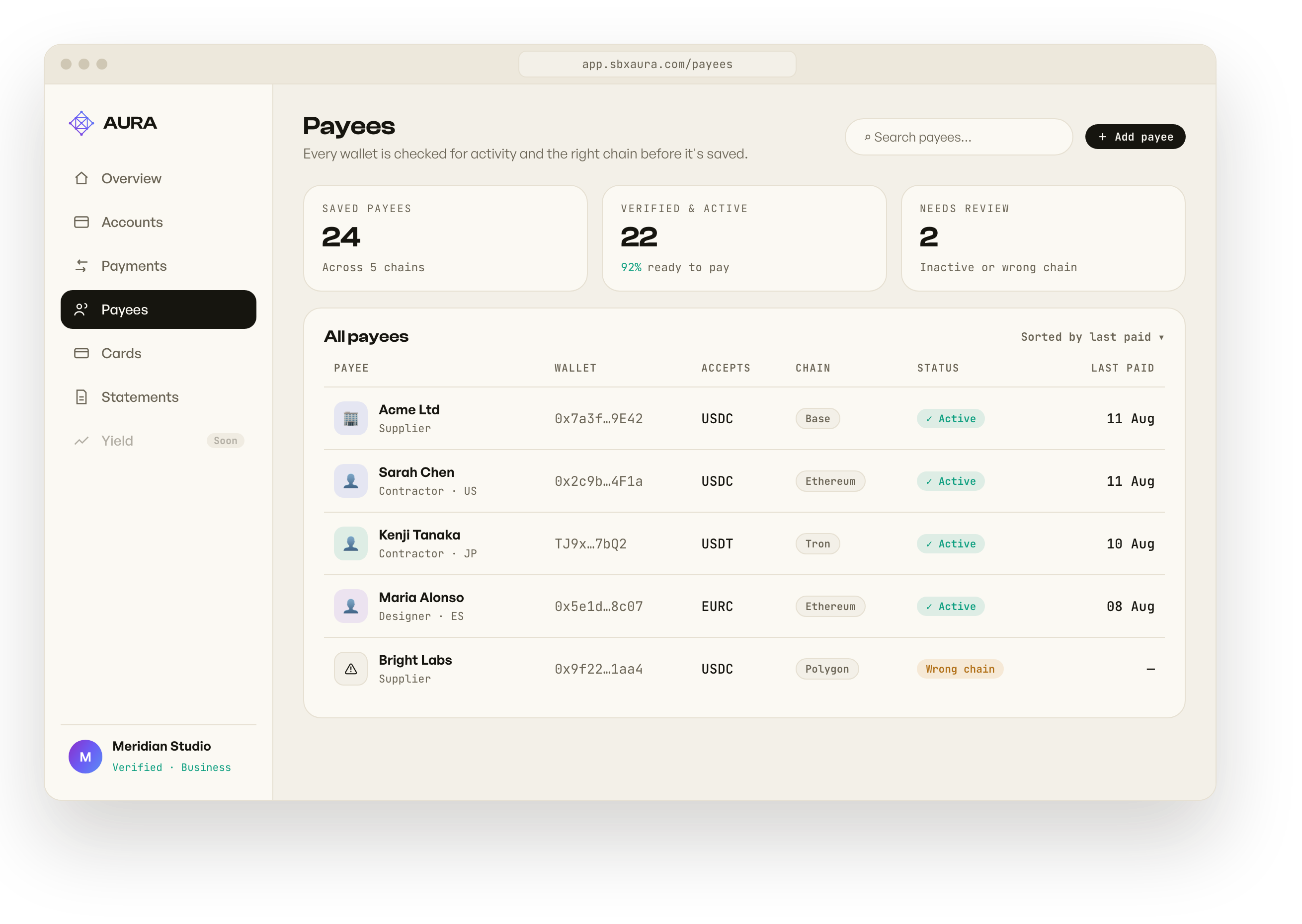 Payees and verified wallets screen