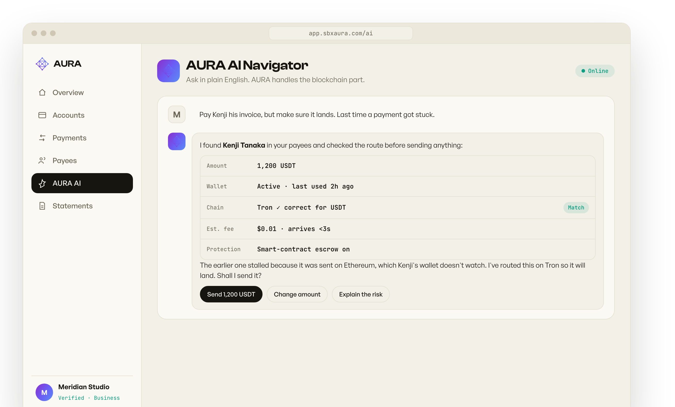 AURA AI Navigator on the web dashboard