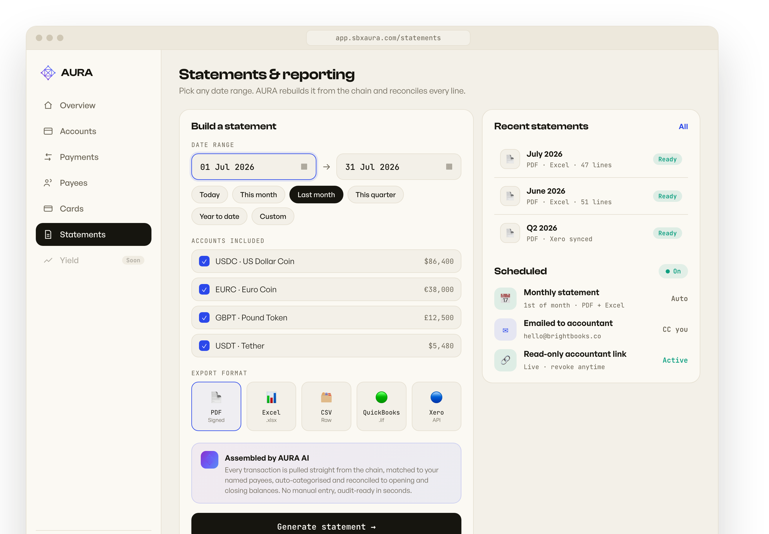 Statement builder with date range and export formats